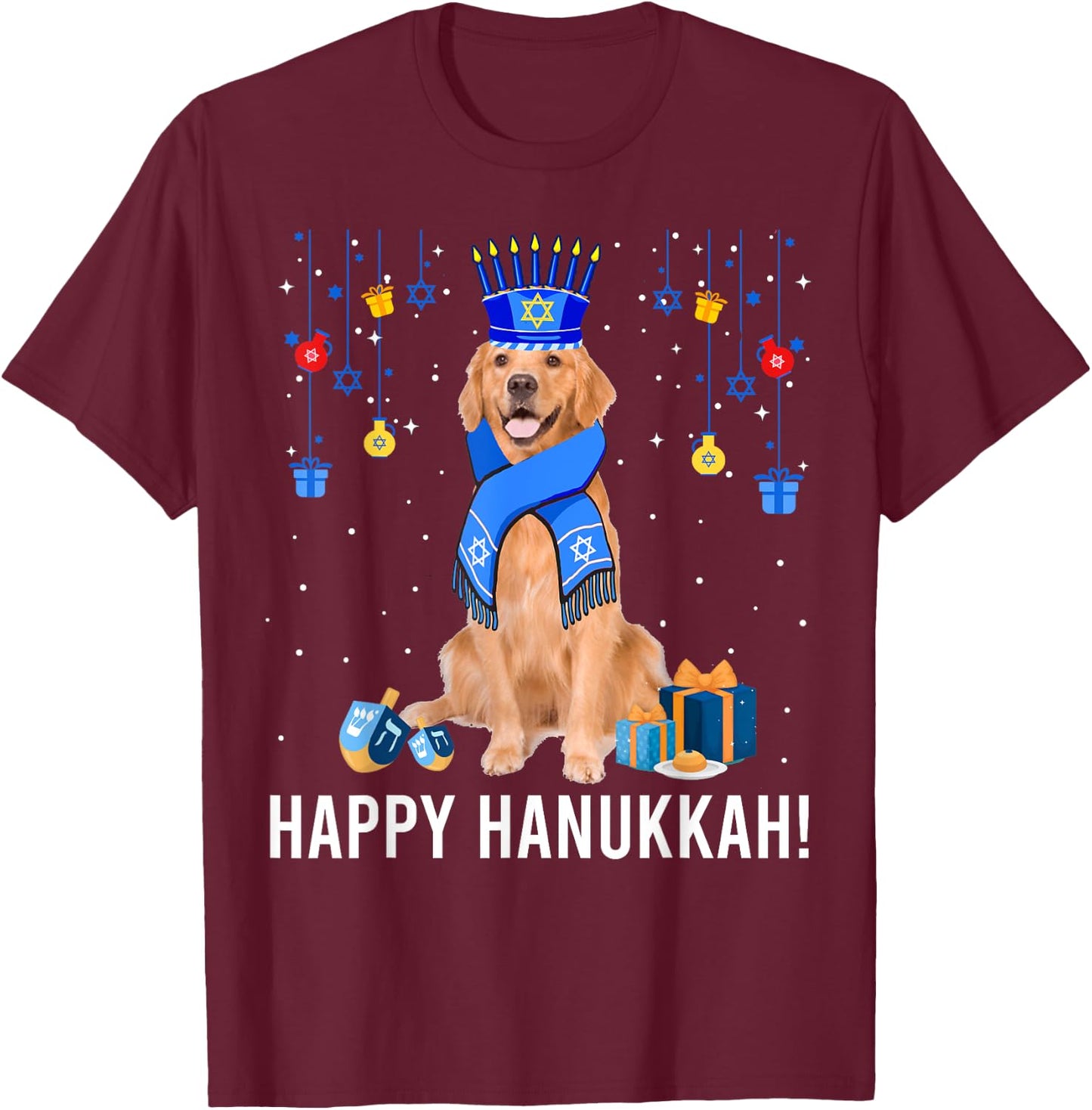 Golden Retriever Menorah Hat Christmas Happy Hanukkah Jewish T-Shirt - T-Shirt | Maroon