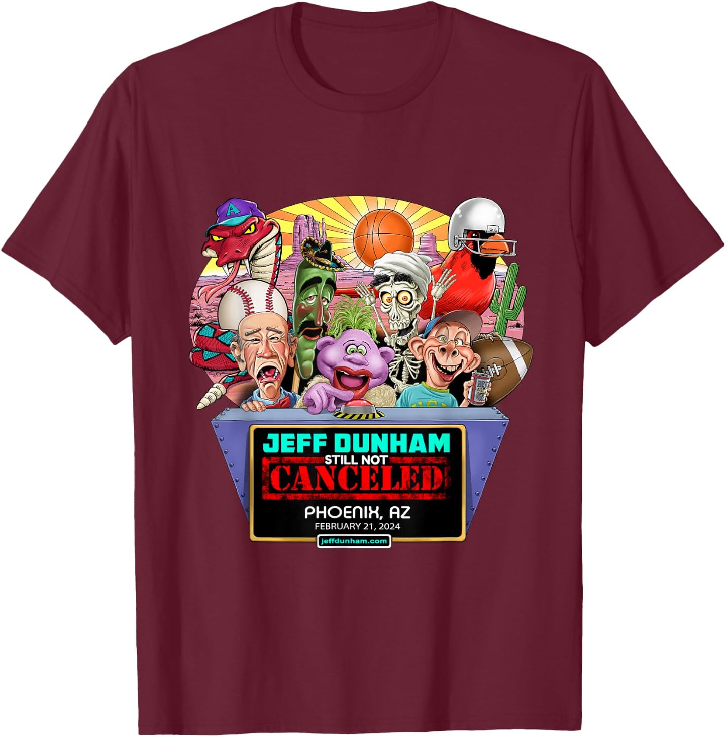 Jeff Dunham Phoenix, AZ (2024) T-Shirt - T-Shirt | Maroon