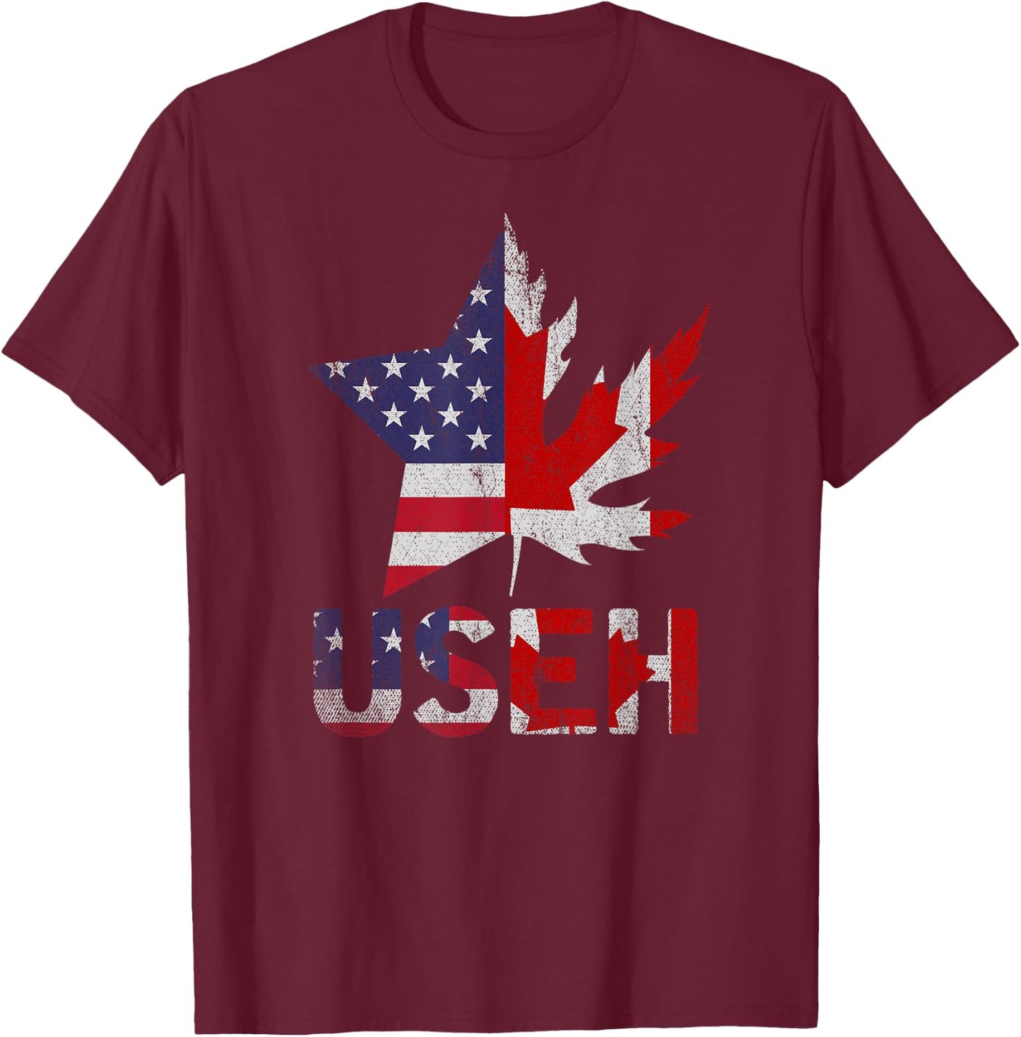 USEH Patriotic USA Star Canadian Maple Leaf Canada T-Shirt - T-Shirt | Maroon