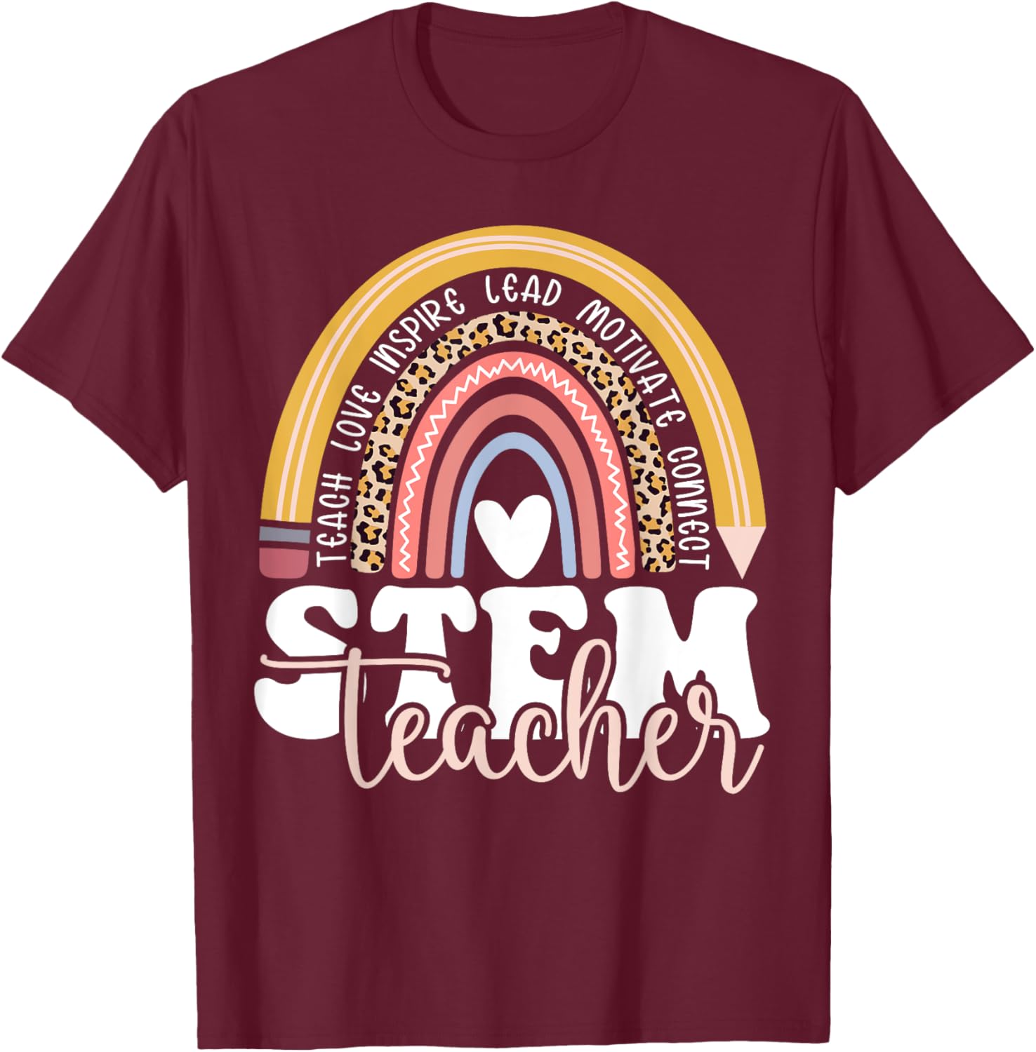 STEM Teacher Rainbow Leopard Math Science Technology Teacher T-Shirt - T-Shirt | Maroon