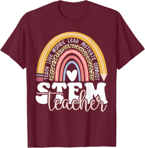 STEM Teacher Rainbow Leopard Math Science Technology Teacher T-Shirt - T-Shirt | Maroon