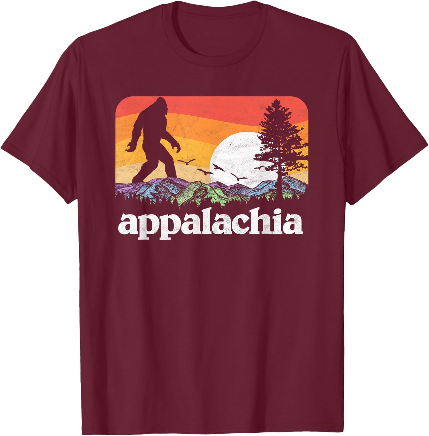 Retro Appalachia Bigfoot Mountain & Trees Nature Outdoors T-Shirt - T-Shirt | Maroon