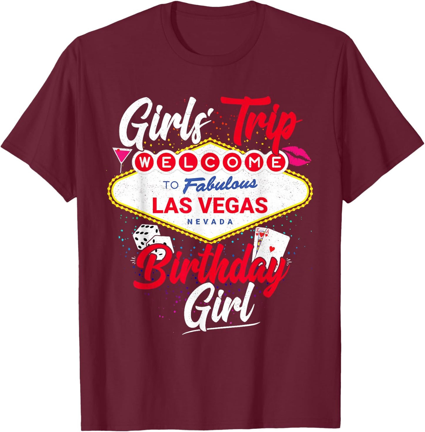 Las Vegas Birthday Party Gifts & Souvenirs Vegas Girls Trip Vegas Birthday Squad - Black, Small, Female, Short Sleeve, , Party, Birthday, Club, Celebration, Cotton, Polyester T-Shirt - T-Shirt | Maroon
