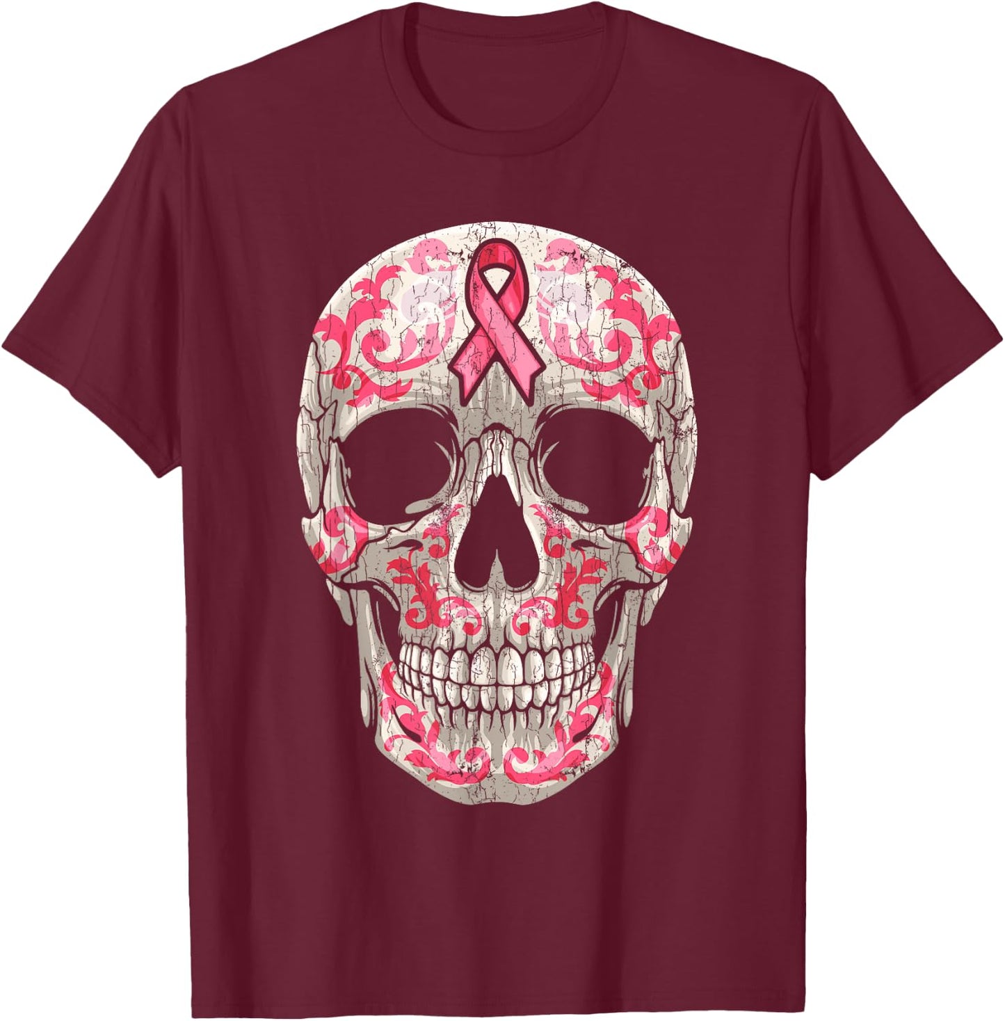 Breast Cancer Awareness Graphic Ribbon Sugar Skull Calavera T-Shirt - T-Shirt | Maroon