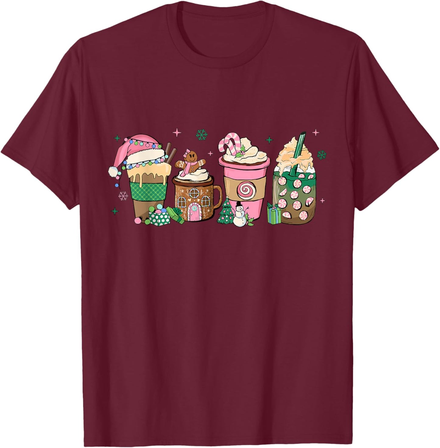 Coffee Christmas Gingerbread Pink Women Latte Cozy Winter T-Shirt - T-Shirt | Maroon