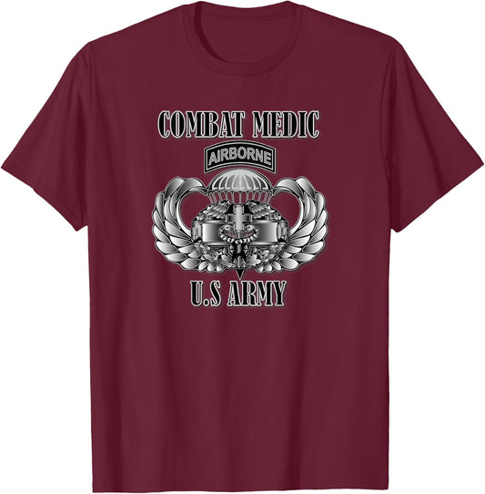 U.S. Army Combat Medic- Airborne (Back Design) T-Shirt - T-Shirt | Maroon