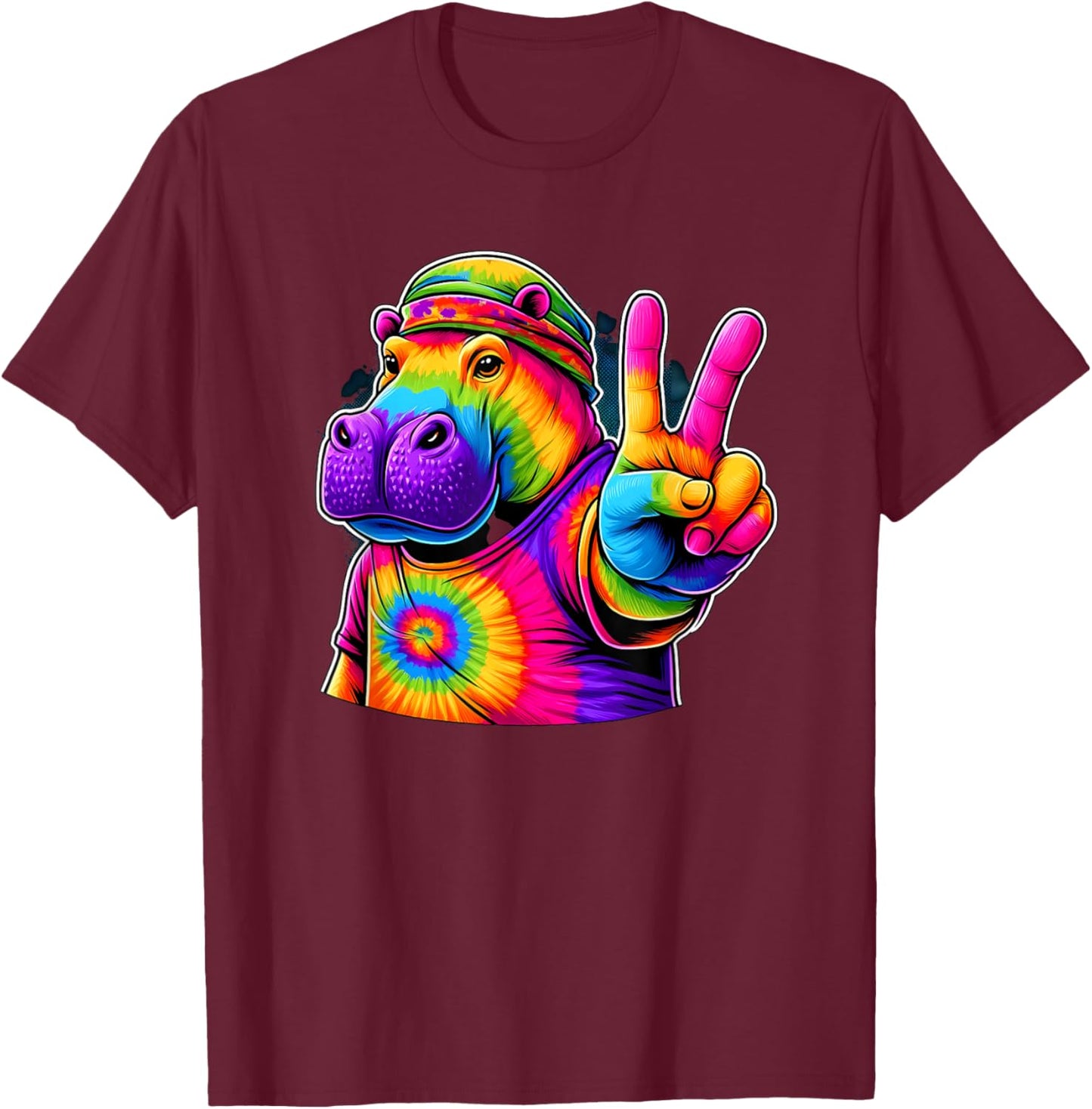 Peace Sign Tie Dye Hippo T-Shirt - T-Shirt | Maroon