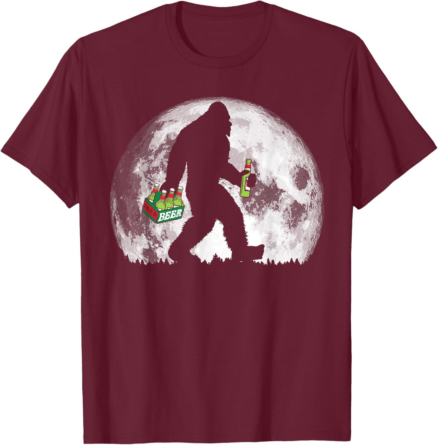 Bigfoot Beer Drinker Full Moon Retro Minimalist T-Shirt - T-Shirt | Maroon