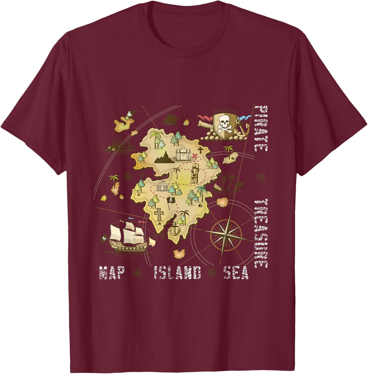 Pirate Treasure Sea Island Map T-Shirt - T-Shirt | Maroon