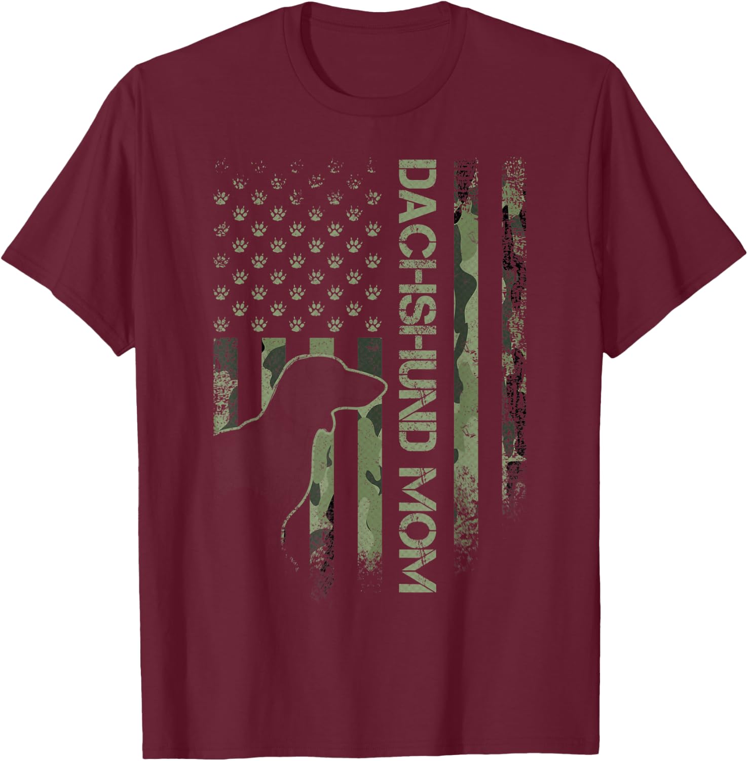 Vintage USA Camo Flag Proud Dachshund Mom Wiener Silhouette T-Shirt - T-Shirt | Maroon