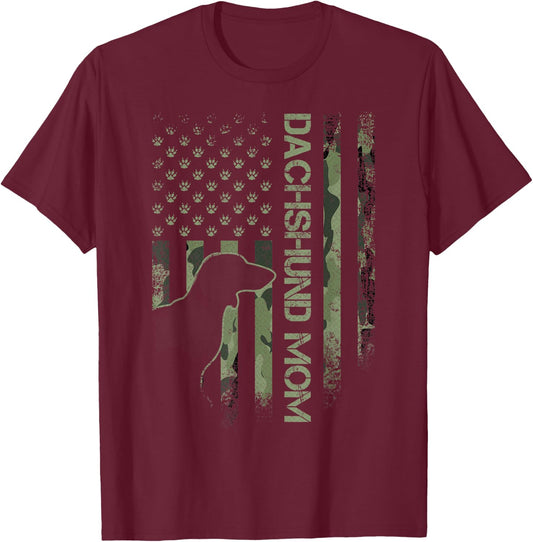 Vintage USA Camo Flag Proud Dachshund Mom Wiener Silhouette T-Shirt - T-Shirt | Maroon