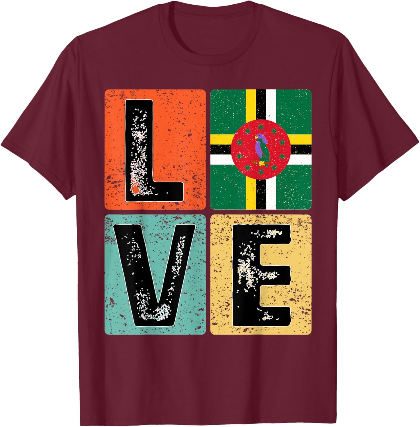 Vintage Retro I Love Dominica Flag for Dominican Pride Gift T-Shirt - T-Shirt | Maroon