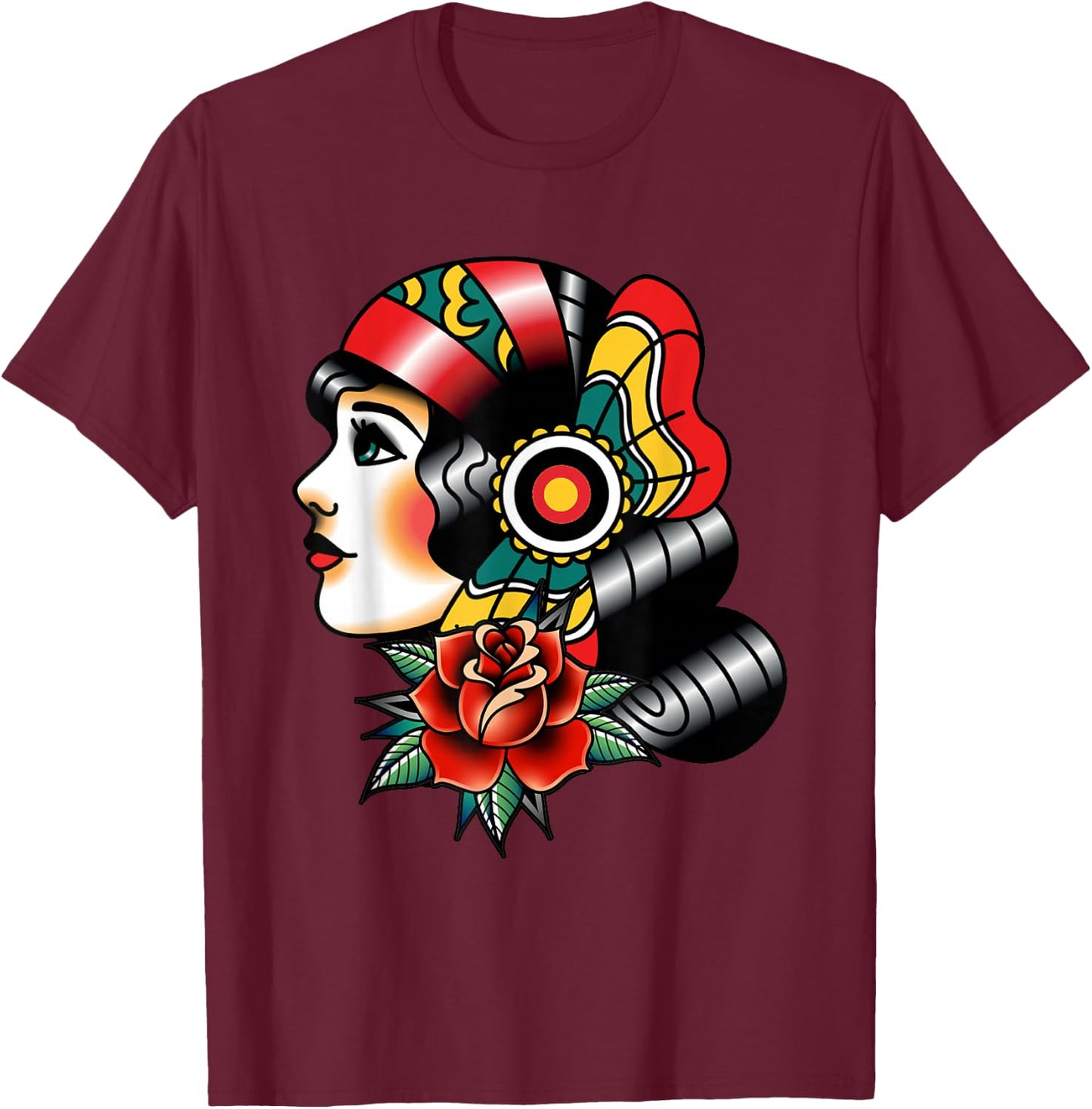 Lady Head American Traditional Tattoo Old School T-Shirt - T-Shirt | Maroon