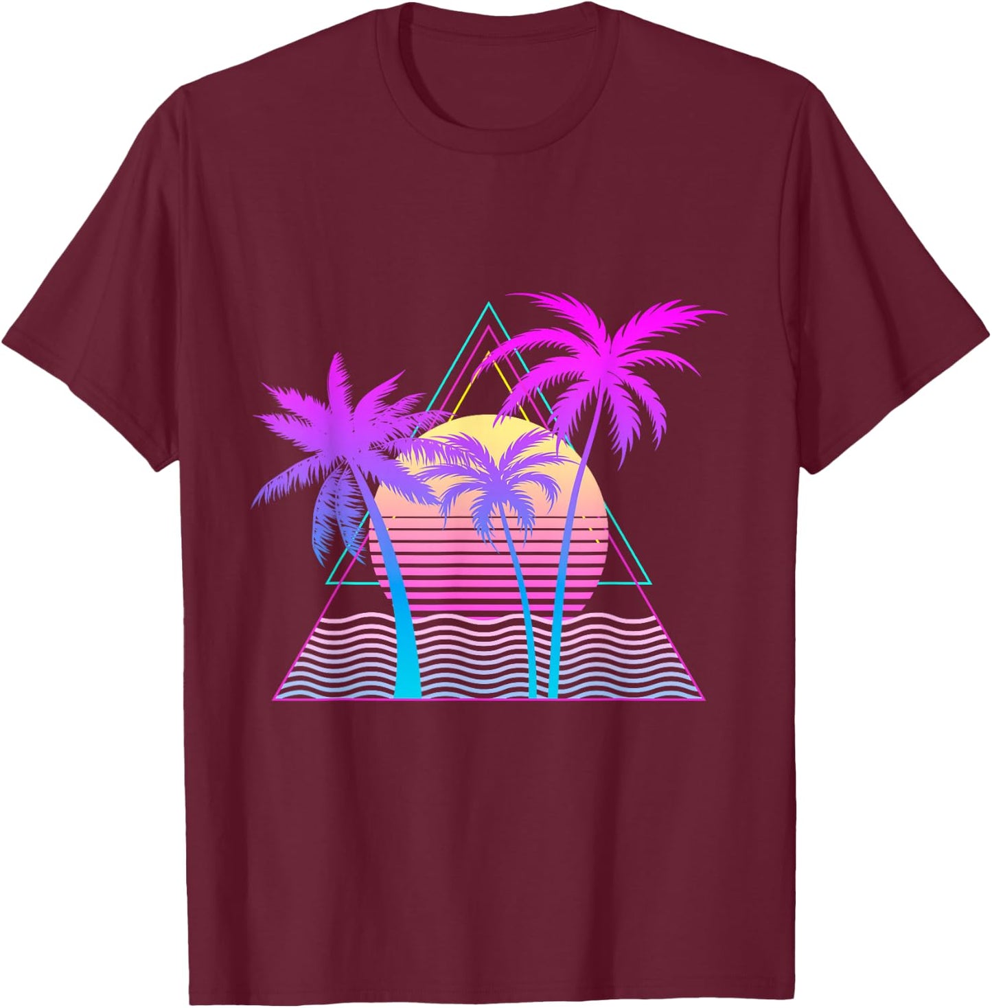 Retro 1980s 1990s Vaporwave Palm Trees Beach Sunset Surf Art T-Shirt - T-Shirt | Maroon