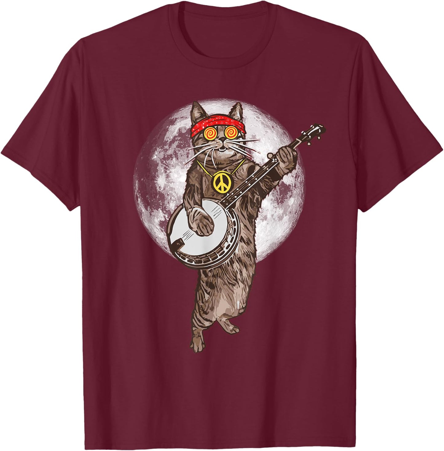 Psychedelic Hippie Banjo Cat! Funny Bluegrass Music T-Shirt - T-Shirt | Maroon