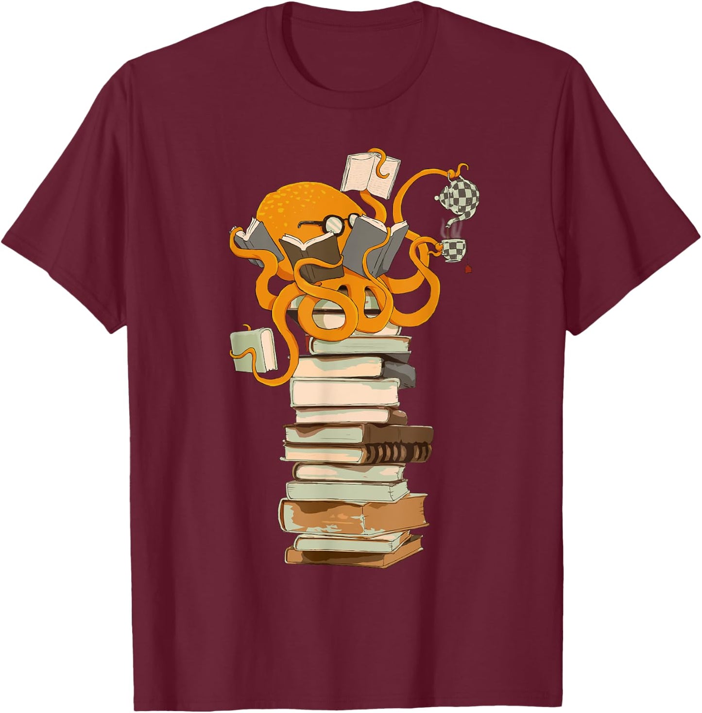 Reading Octopus, Tea, Coffee and Books Gift T-Shirt - T-Shirt | Maroon