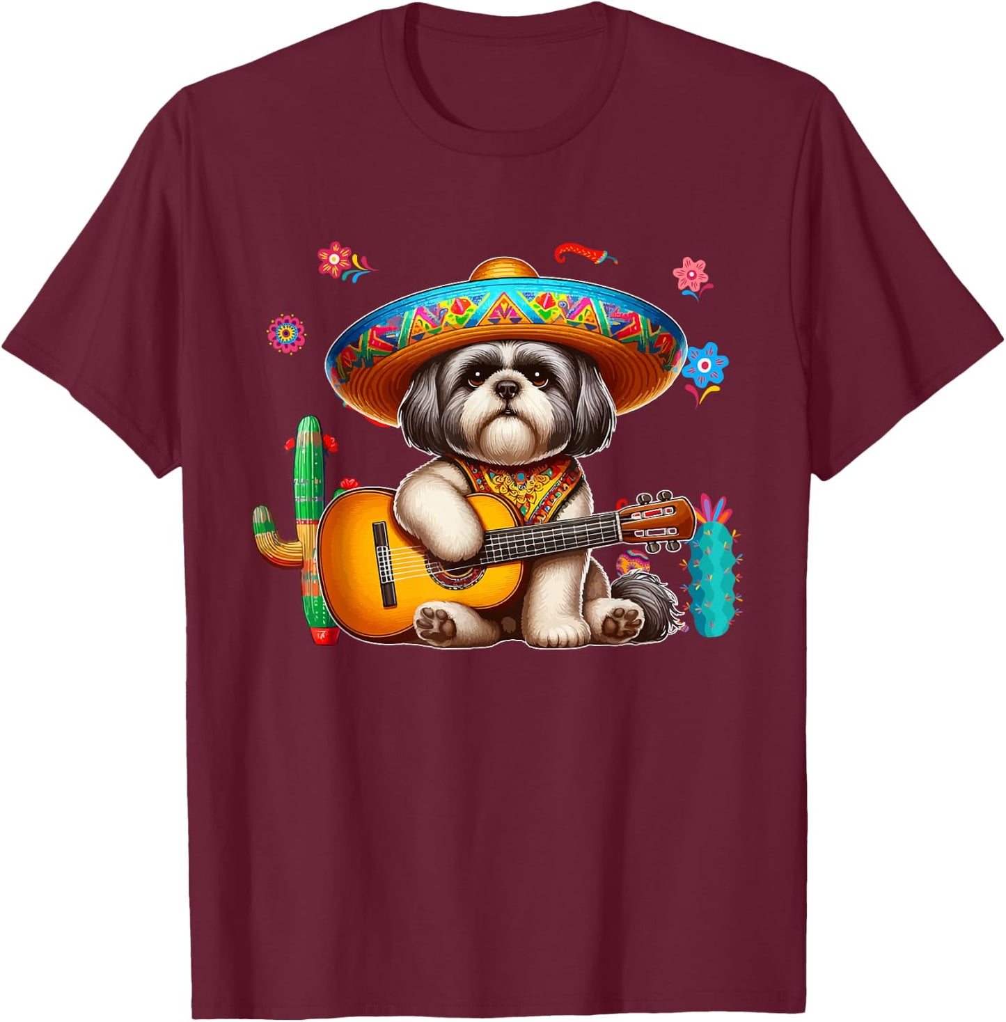 Shih Tzu Sombrero Mexican Guitar Cinco De Mayo Owner T-Shirt - T-Shirt | Maroon