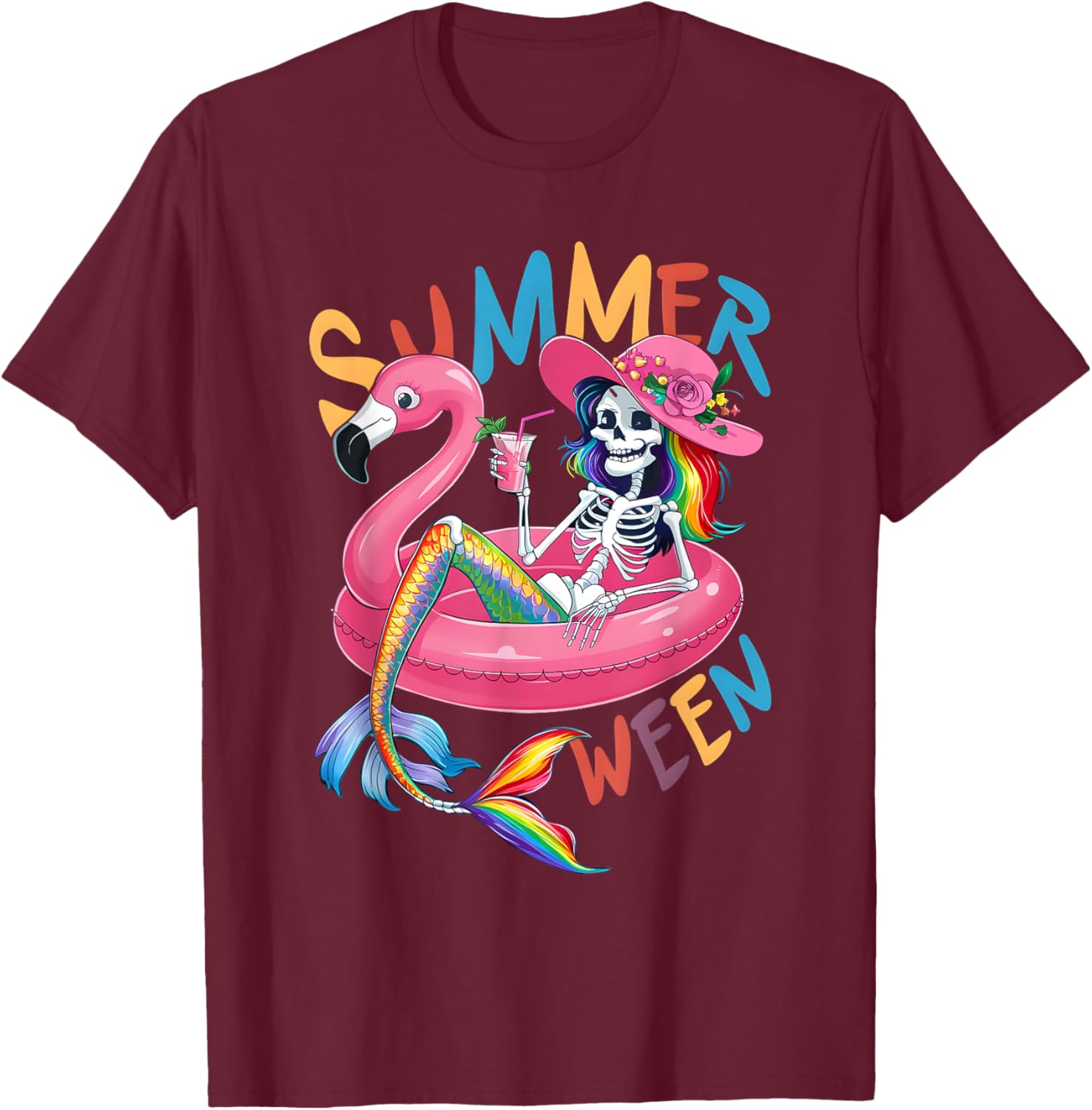 Summerween Mermaid Skeleton Flamingo Summer Halloween Women T-Shirt - T-Shirt | Maroon