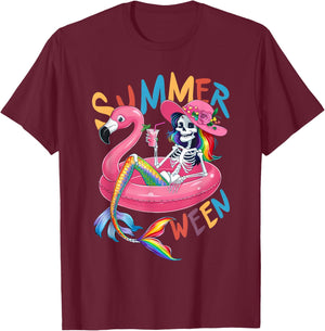 Summerween Mermaid Skeleton Flamingo Summer Halloween Women T-Shirt - T-Shirt | Maroon