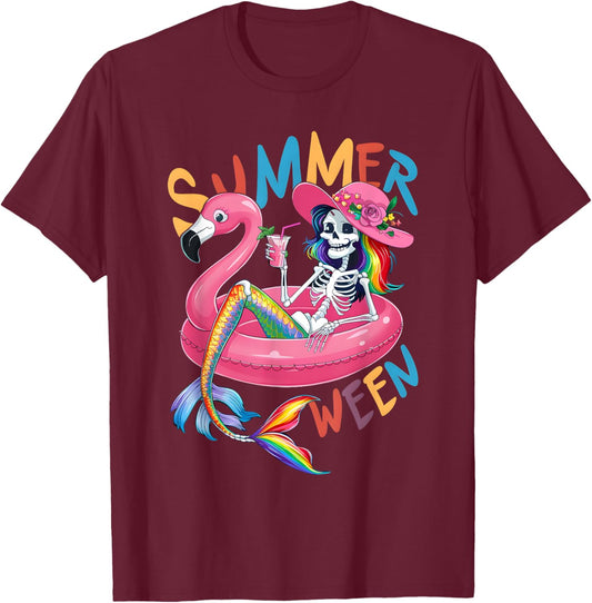 Summerween Mermaid Skeleton Flamingo Summer Halloween Women T-Shirt - T-Shirt | Maroon