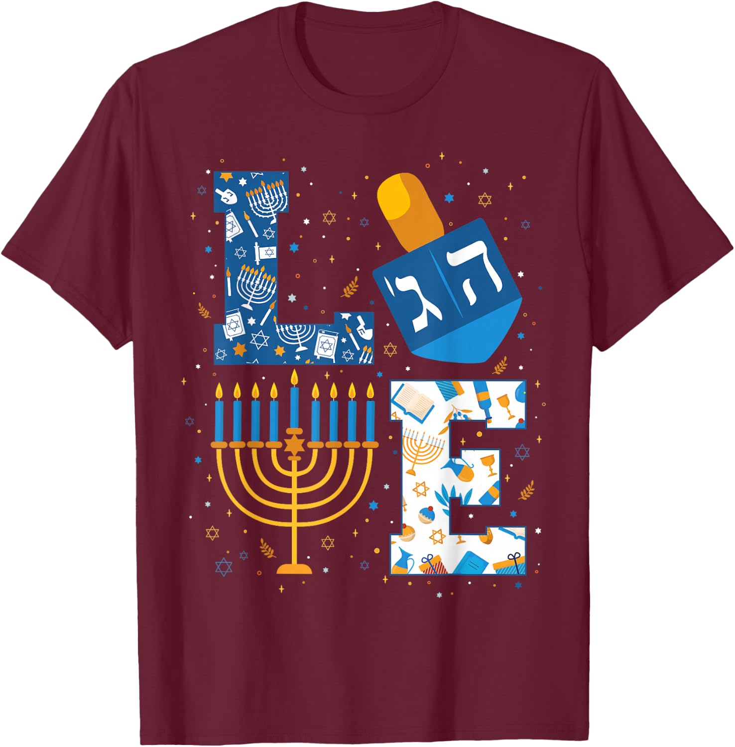 Hanukkah Love with Menorah for Jewish Christmas Holiday T-Shirt - T-Shirt | Maroon