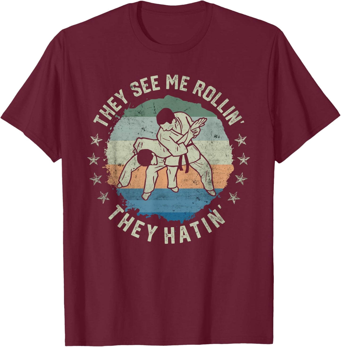 Retro Vintage They See Me Rollin Funny Brazilian Jiu-Jitsu T-Shirt - T-Shirt | Maroon