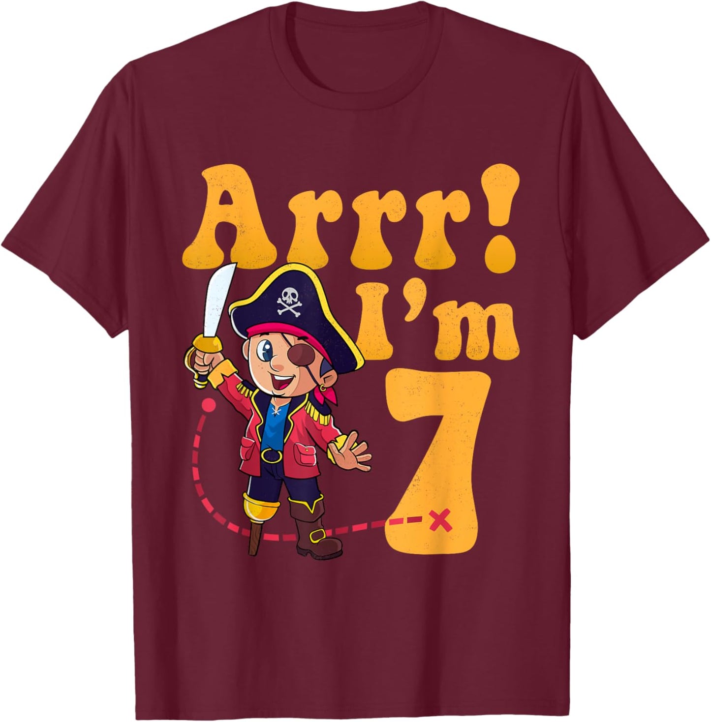Kids 7th Pirate Birthday Party Arrr I'm 7 Seven Years Old T-Shirt - T-Shirt | Maroon