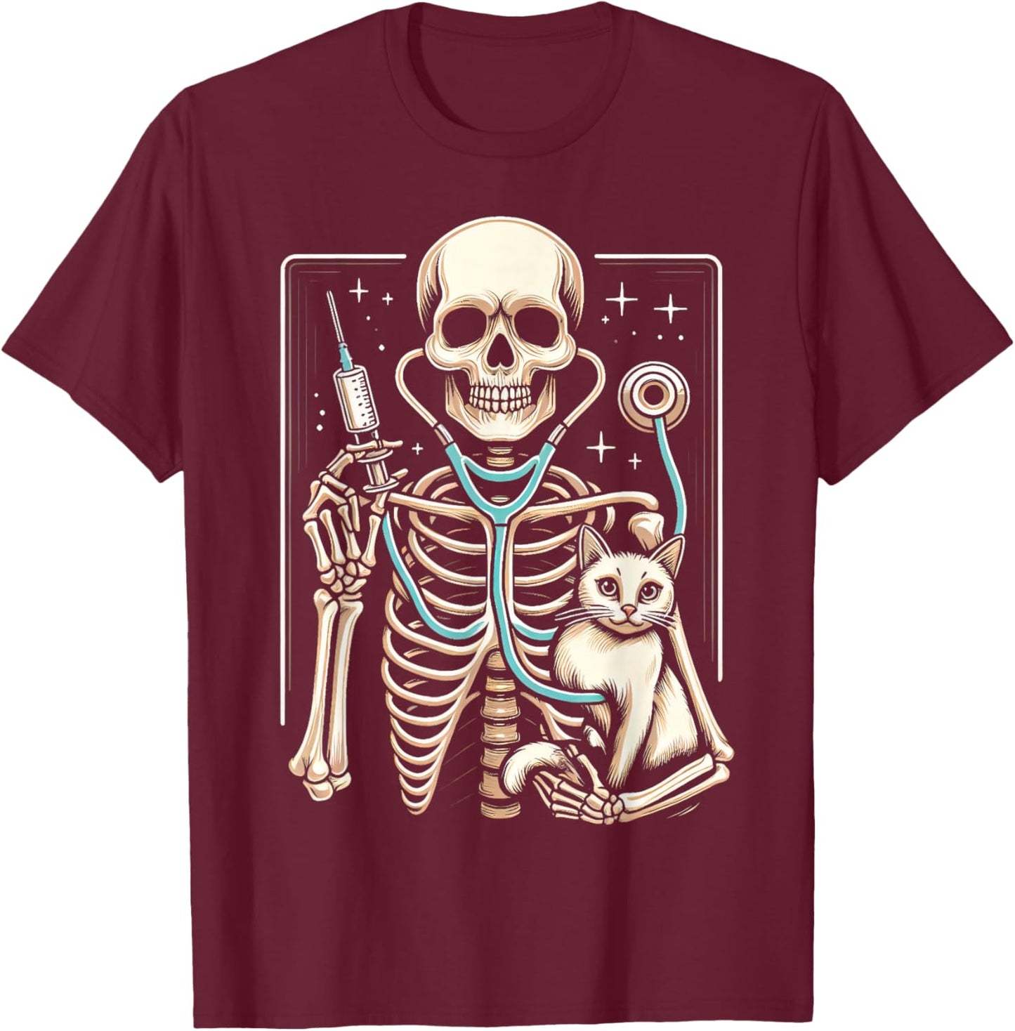 Skeleton Hug Cat Vet Tech Veterinarian Veterinary Halloween T-Shirt - T-Shirt | Maroon