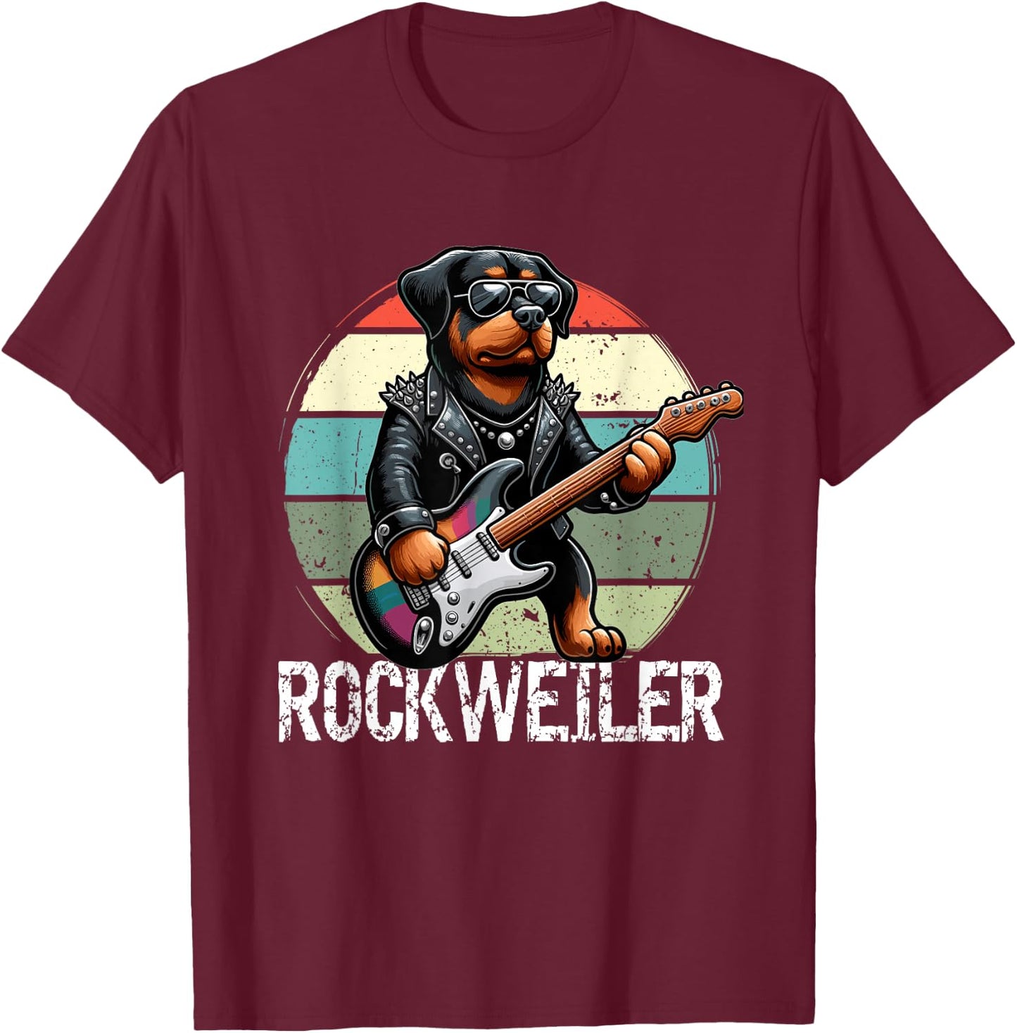 Rockweiler Dog Retro Rock Men Rottweiler T-Shirt - T-Shirt | Maroon