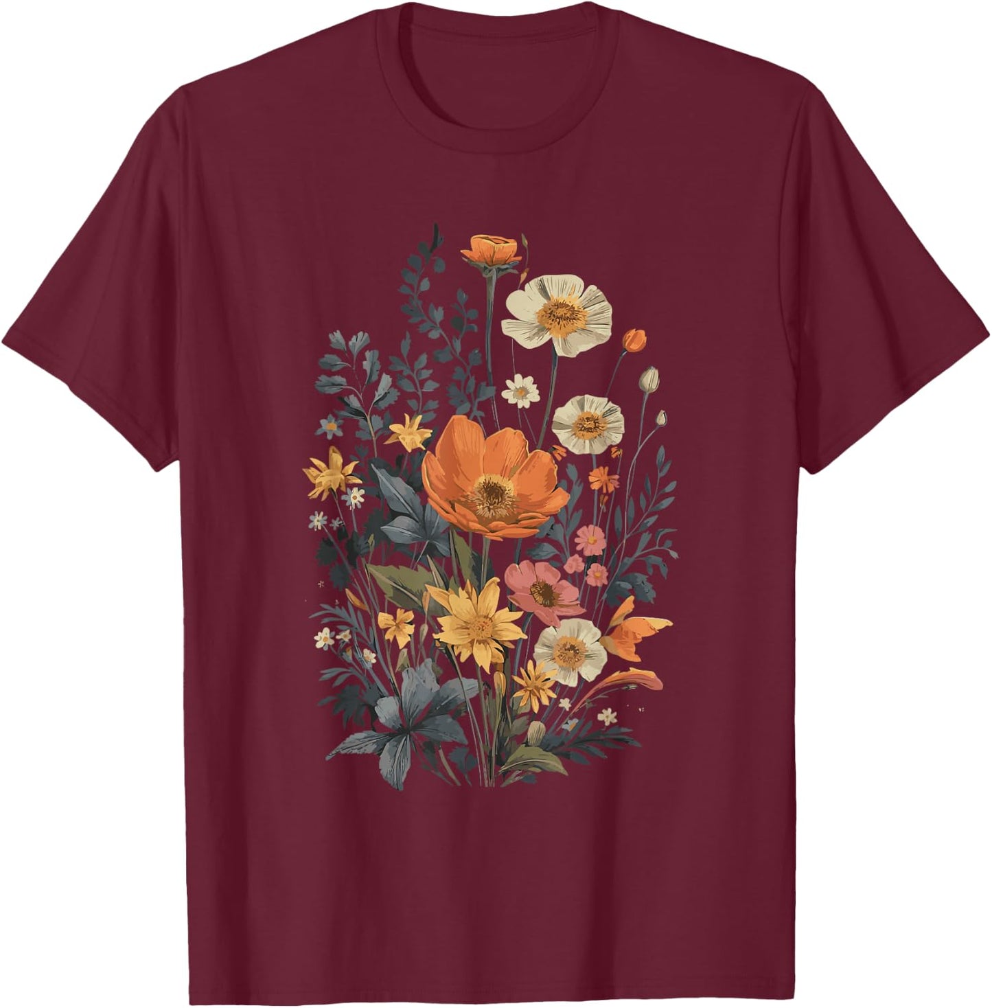 Vintage Flowers Floral Pressed Flower T-Shirt - T-Shirt | Maroon