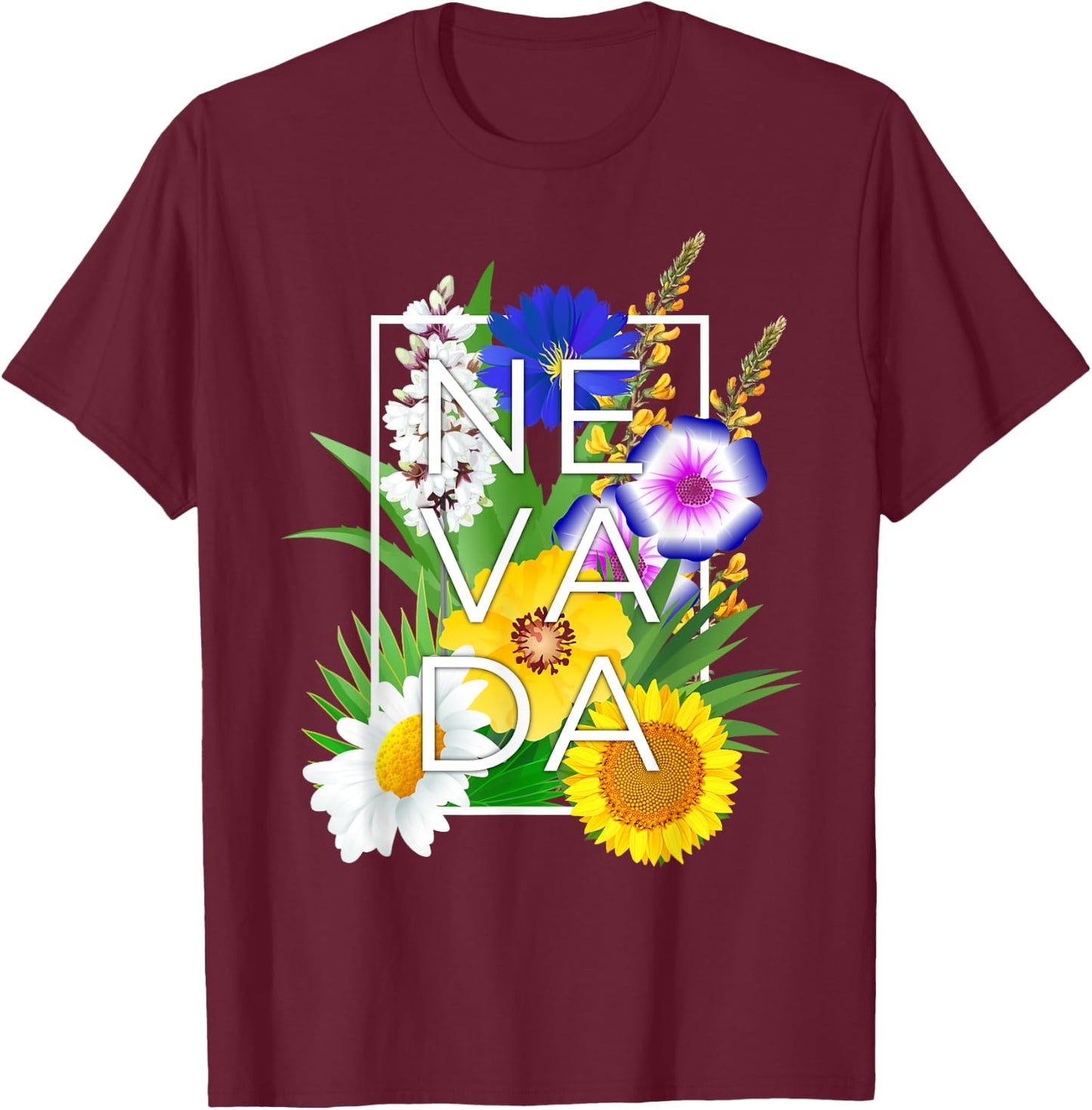 Flowers of Nevada Word Art - Nevadan State Pride T-Shirt - T-Shirt | Maroon