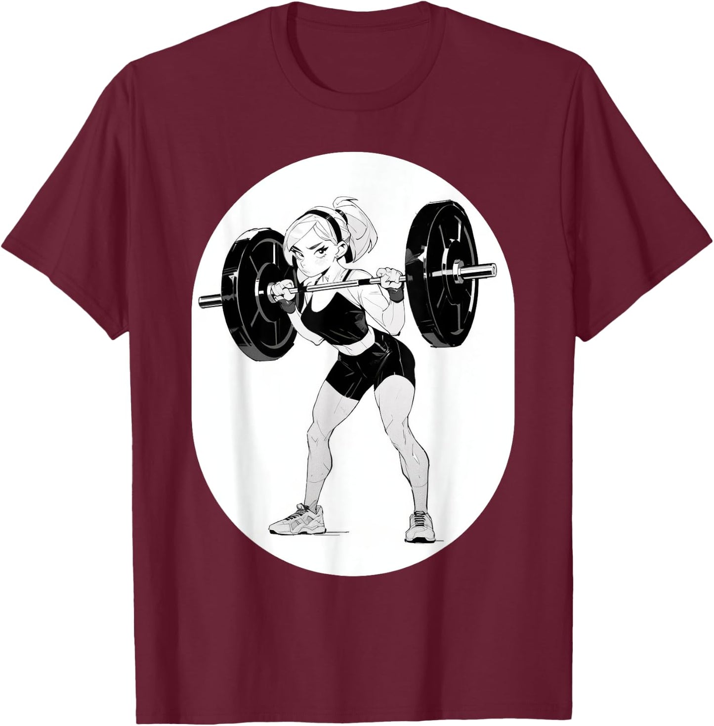 Anime & Manga Style Gym Girl holding Large Barbell T-Shirt - T-Shirt | Maroon