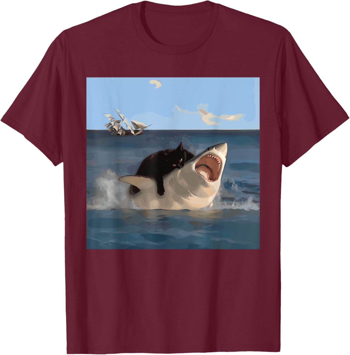 Cat Biting Shark Humorous Playful Funny Cat and Shark , Small, Black T-Shirt - T-Shirt | Maroon