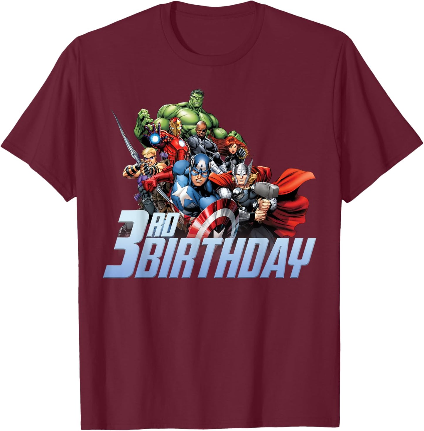 Marvel Avengers Action Shot 3rd Birthday Small T-Shirt - T-Shirt | Maroon