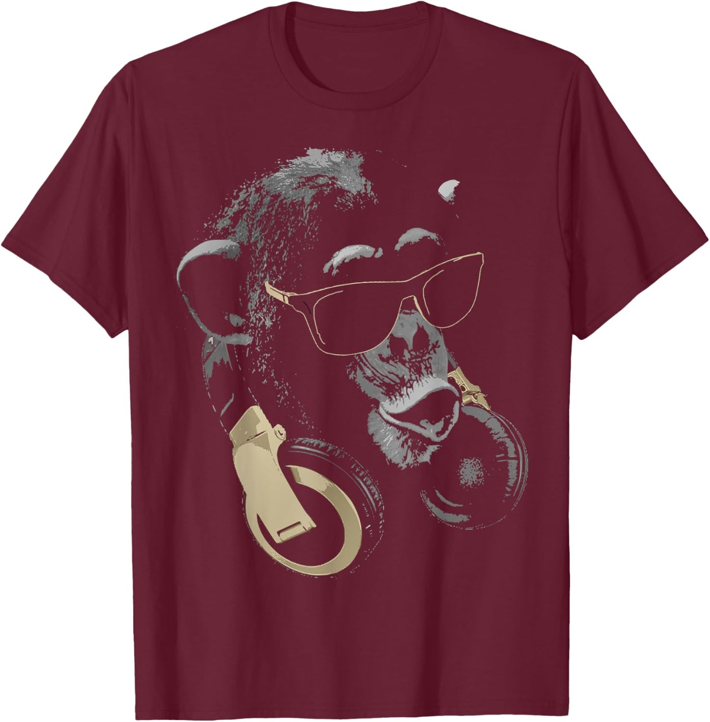 Funny Cute Happy and Cool Animal Design Love Store Monkey Chimpanzee with Sunglasses and Headphones - Adults - Black - Small T-Shirt - T-Shirt | Maroon