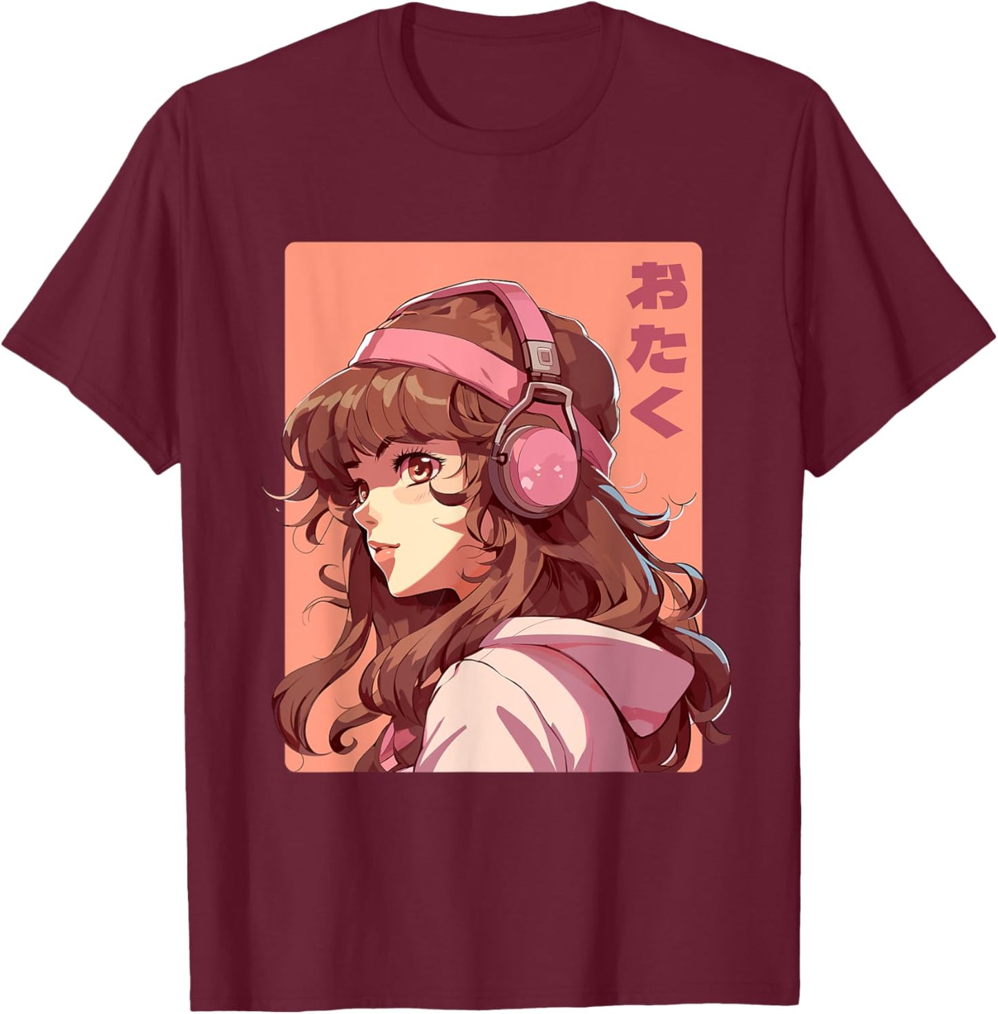 Anime Music Headphones Lofi Otaku Manga Girl T-Shirt - T-Shirt | Maroon