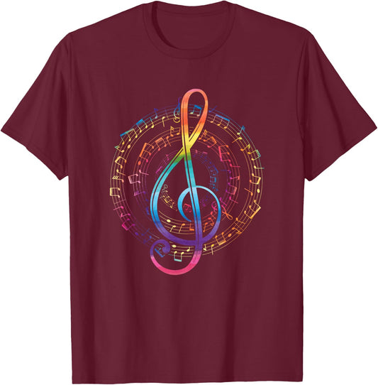 Rainbow Music Notes Treble Clef T-Shirt - T-Shirt | Maroon