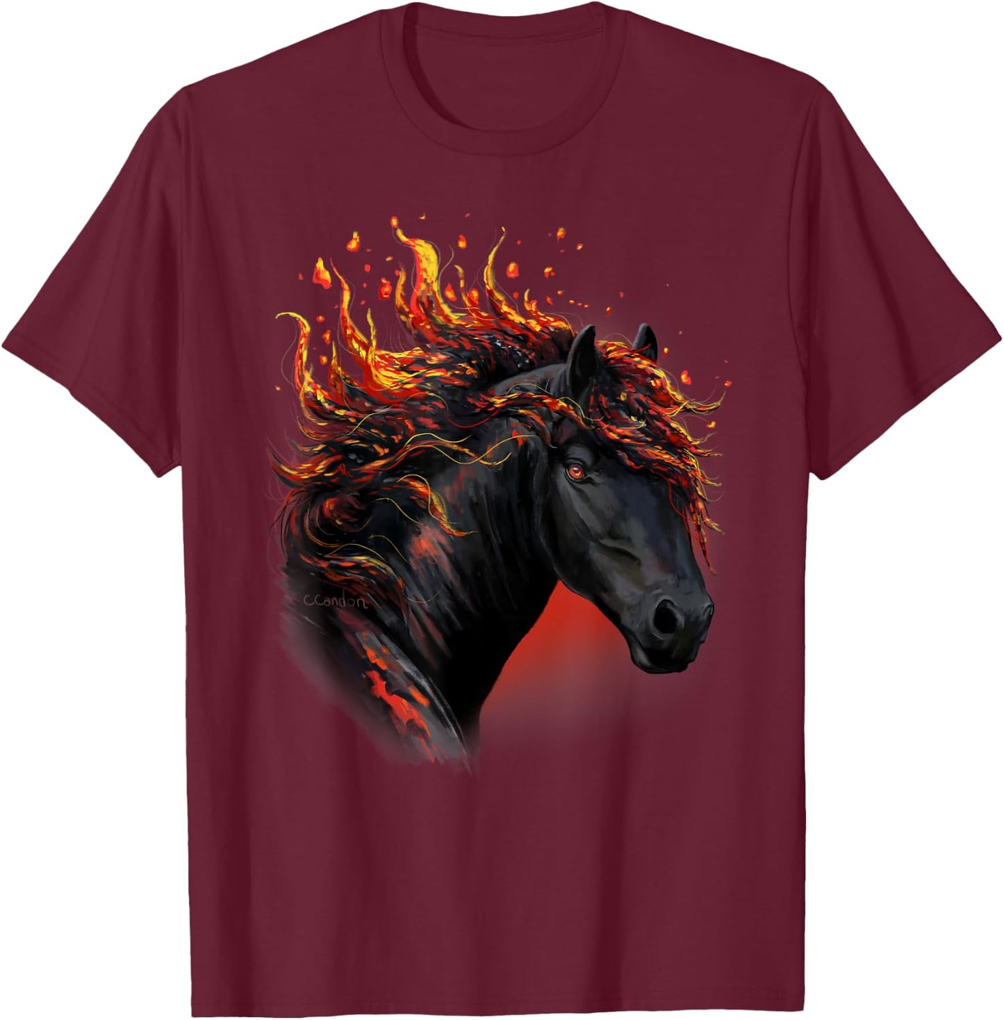 Fantasy Art- Cool Lava Black Horse - Horses - Black horse T-Shirt - T-Shirt | Maroon