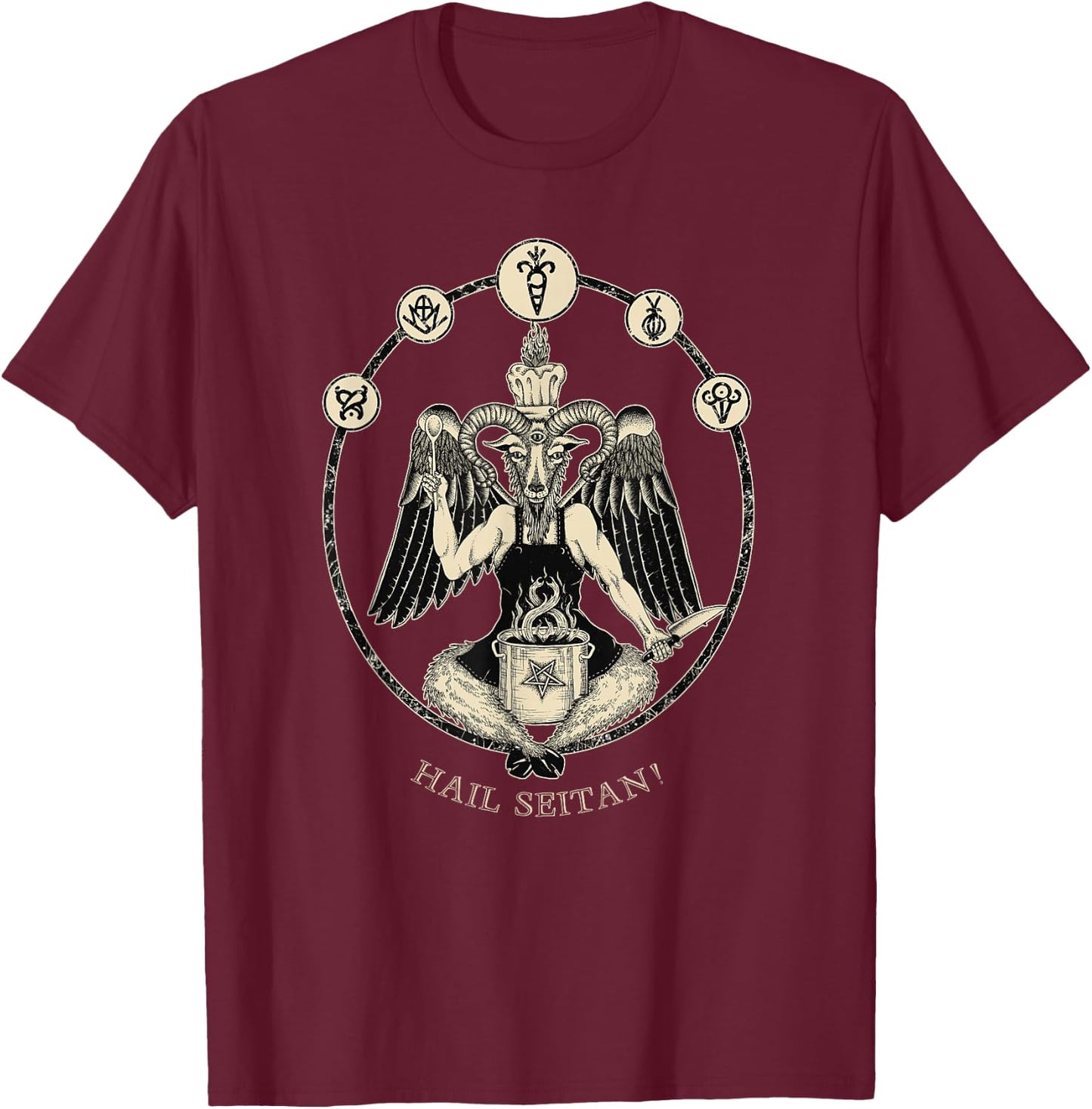 Hail Seitan! Satanic vegan chef Baphomet occult home cook T-Shirt - T-Shirt | Maroon