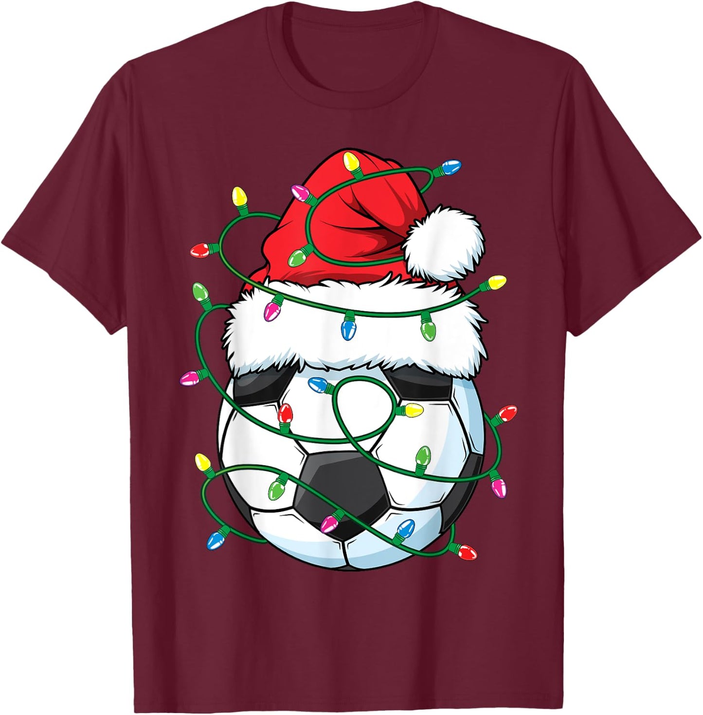 Funny Christmas Soccer Ball Santa Hat Xmas Lights Girls Boys T-Shirt - T-Shirt | Maroon