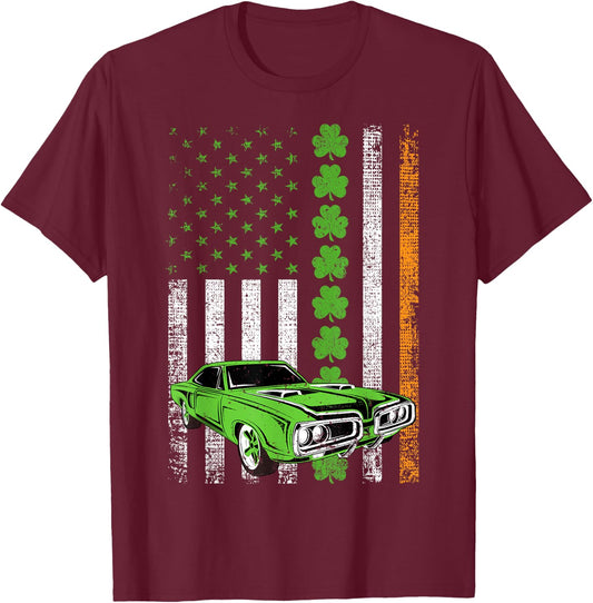 Irish American Flag Lucky Car Racing St. Patrick's Day T-Shirt - T-Shirt | Maroon