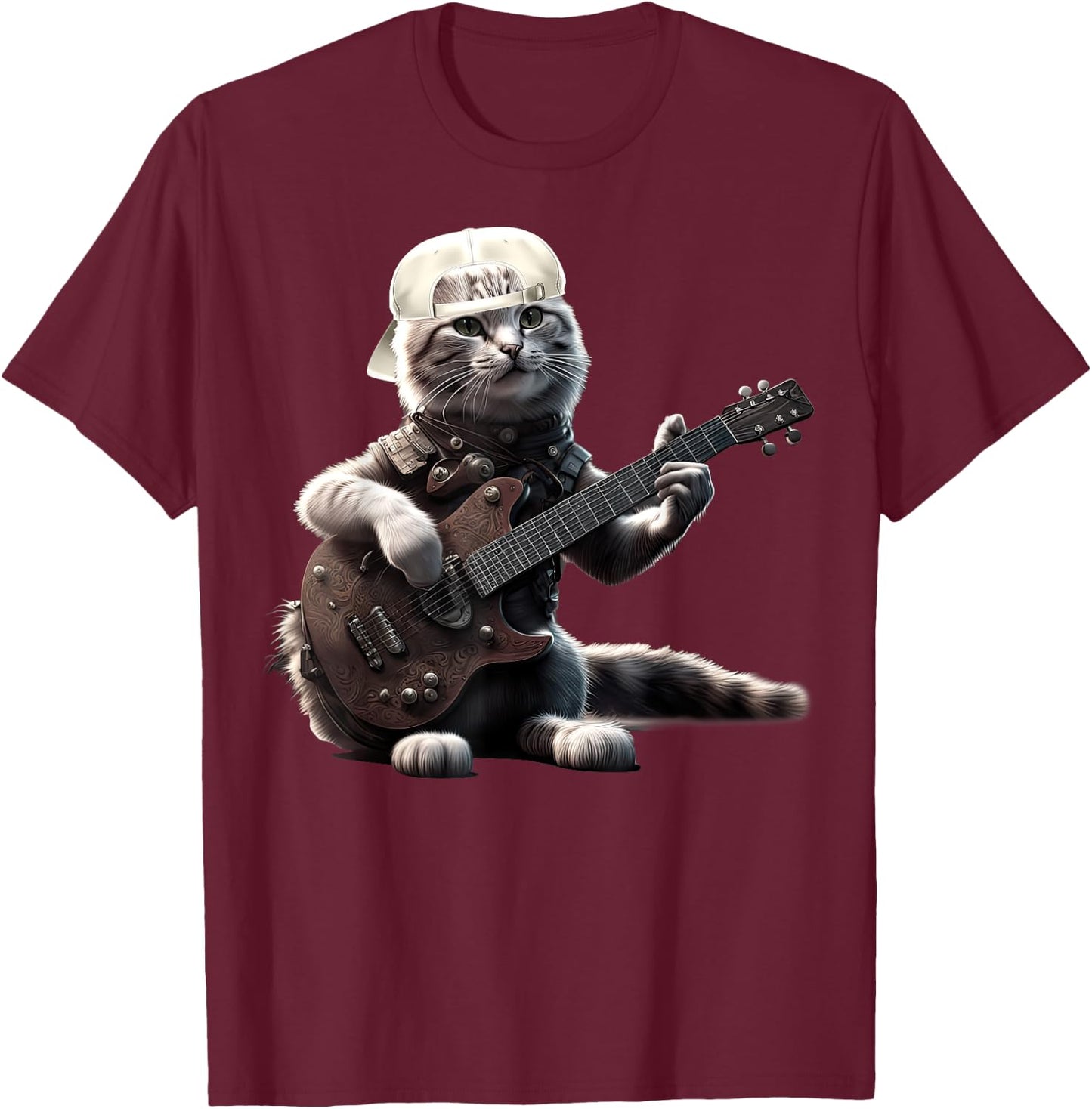 Cat Playing Guitar Funny Rock Music Gifts Women Kid T-Shirt - T-Shirt | Maroon