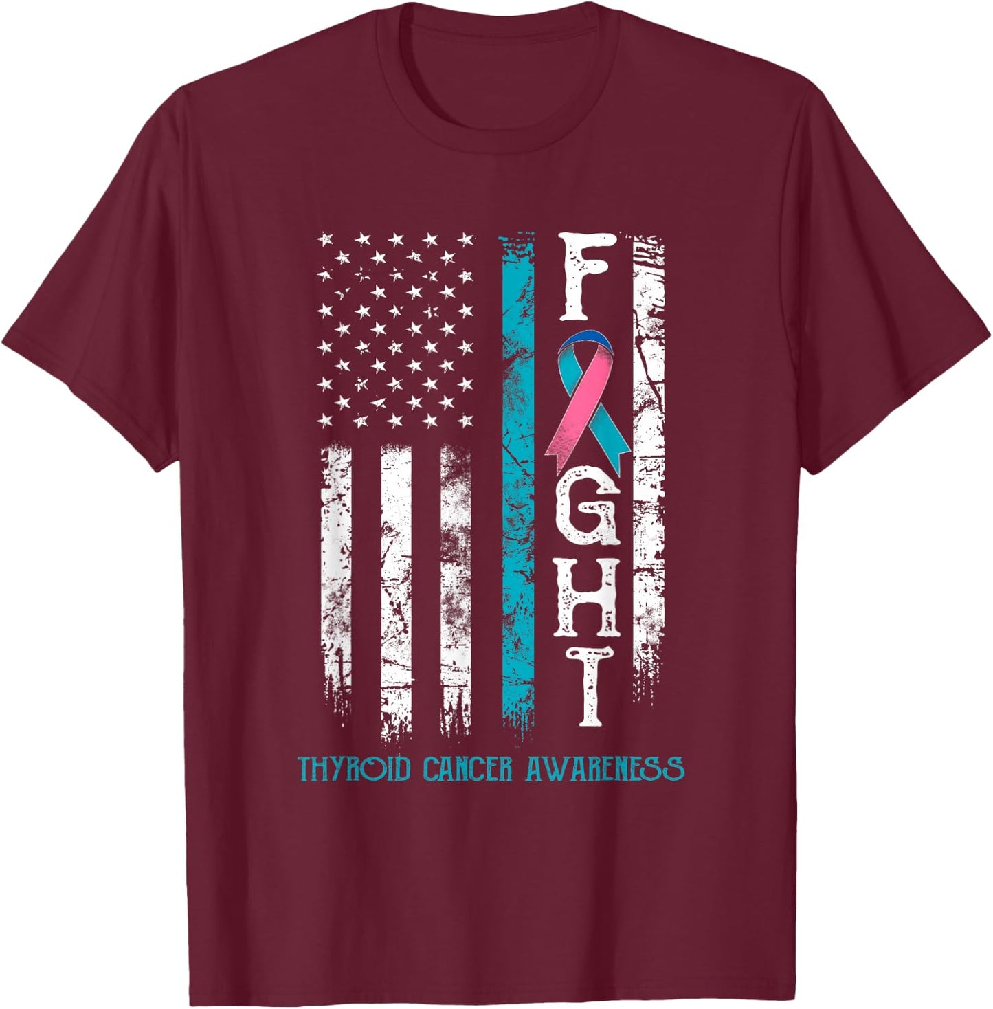 Thyroid Cancer Warrior US Flag T-Shirt - T-Shirt | Maroon