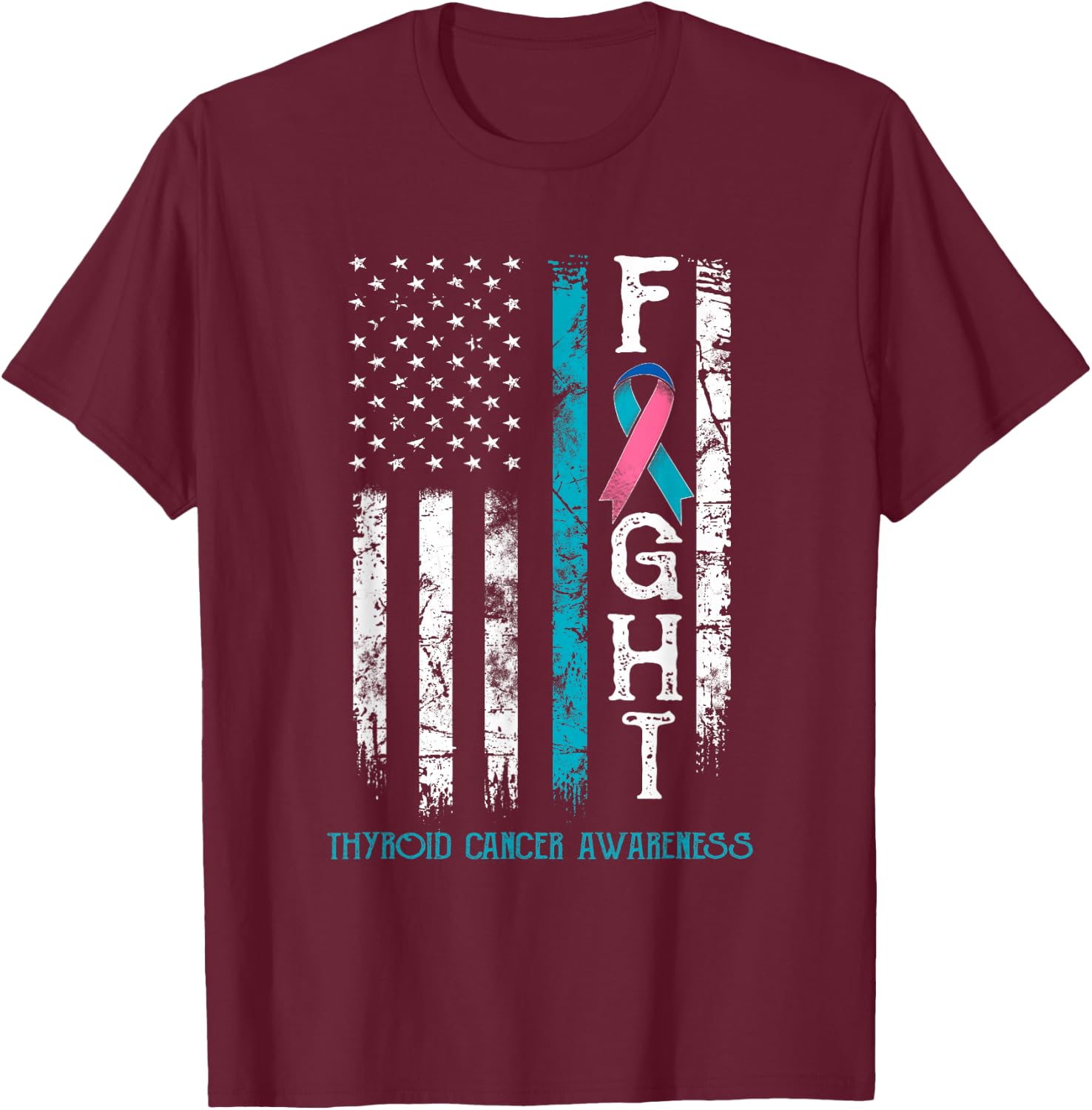 Thyroid Cancer Warrior US Flag T-Shirt - T-Shirt | Maroon