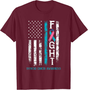 Thyroid Cancer Warrior US Flag T-Shirt - T-Shirt | Maroon