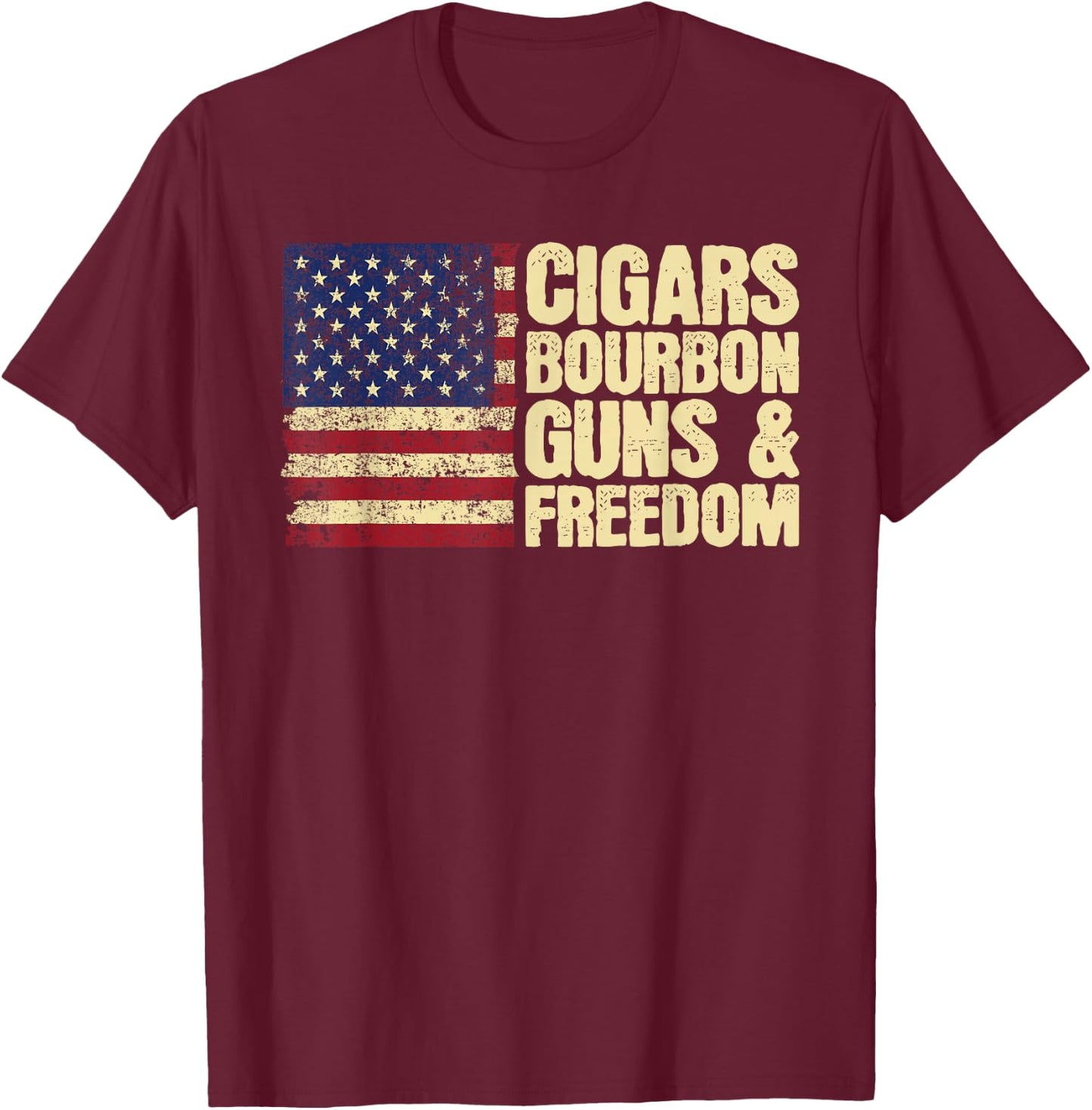 Cigars Bourbon Guns and Freedom American Flag T-Shirt - T-Shirt | Maroon