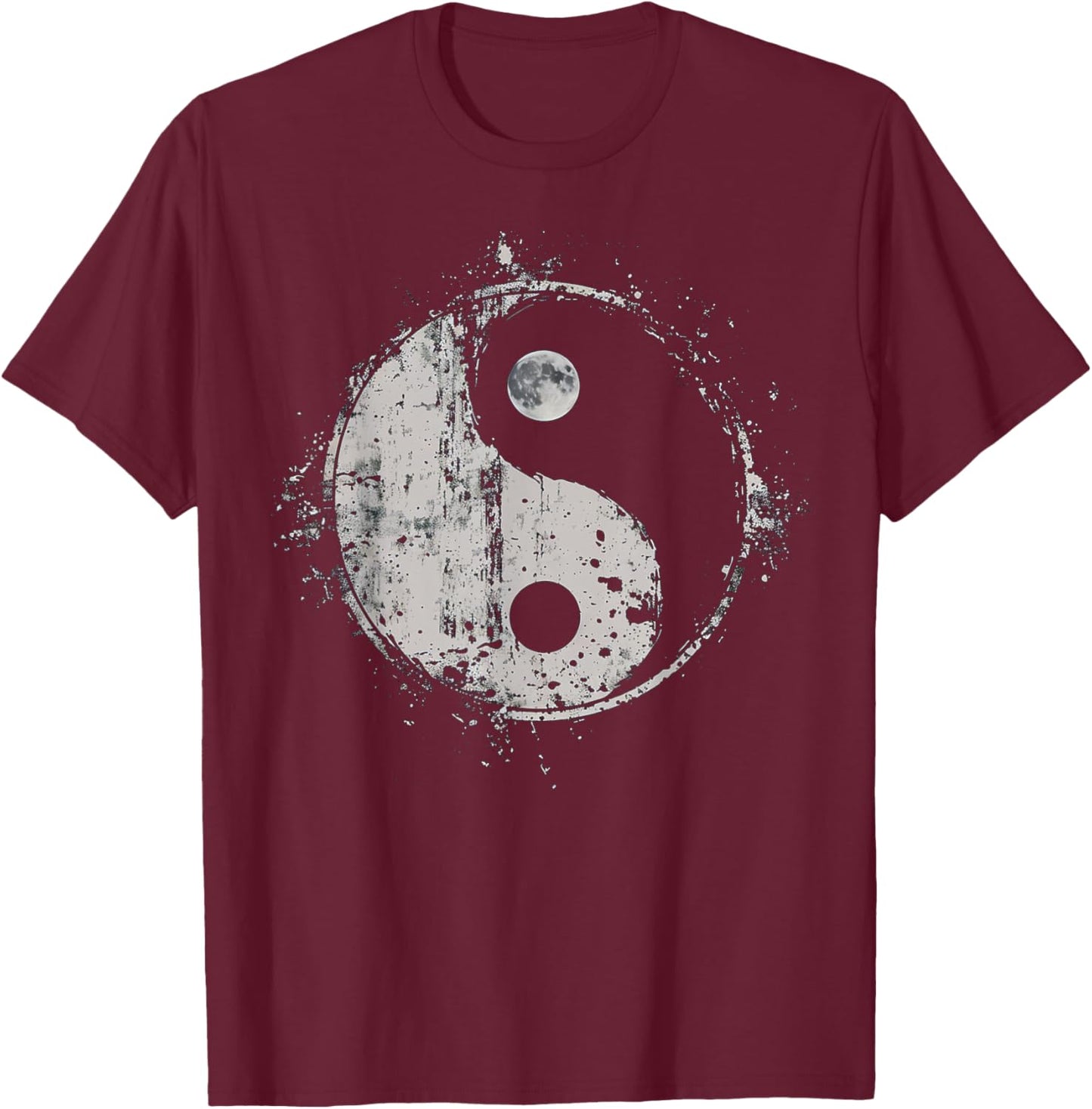 Distressed Yin Yang Moon Balance Spiritual Design T-Shirt - T-Shirt | Maroon