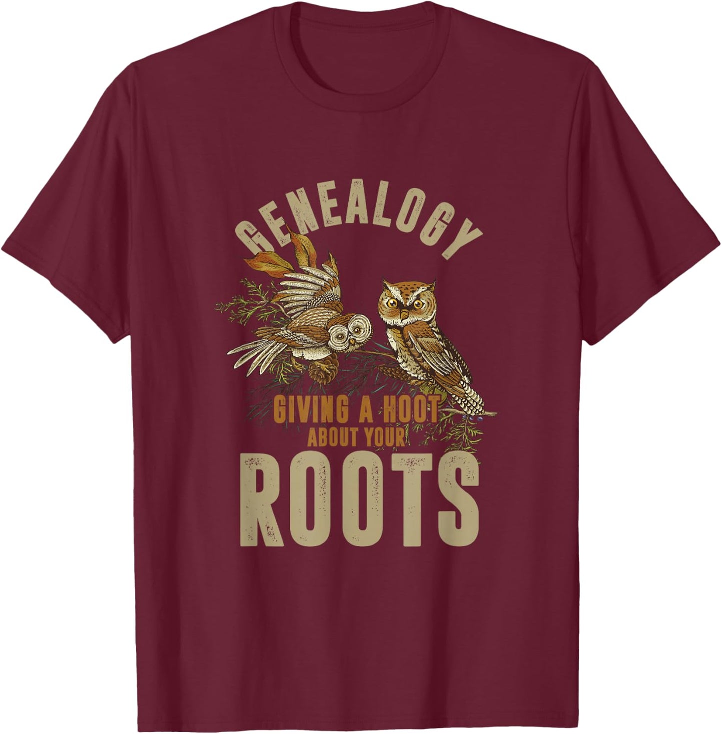Eulen-Fan-Genealoge Genealogie Roots Geschenke Genealogy Owl - -Adults - Black - Small - Short Sleeve - Cotton 60%, Polyester 40% T-Shirt - T-Shirt | Maroon