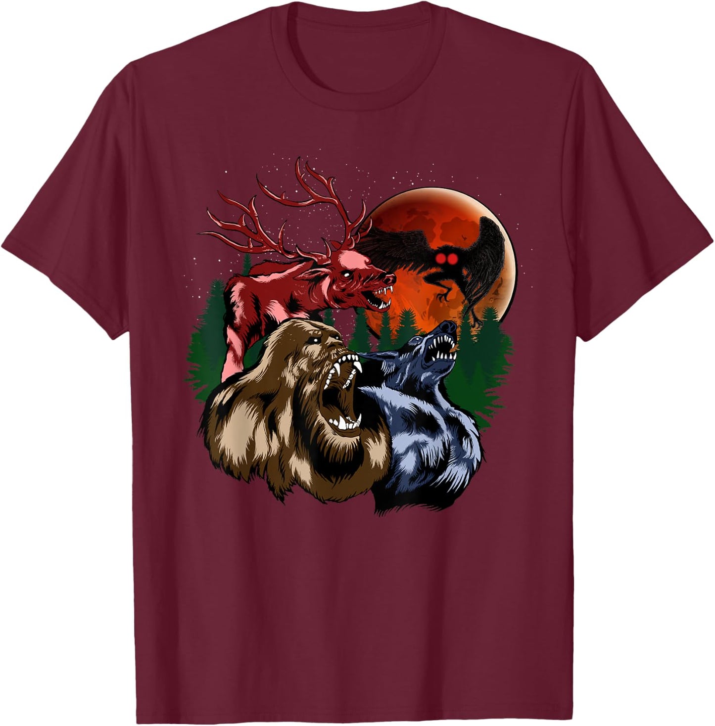 Three Cryptid Moon - Sasquatch, Dogman, Wendigo, Mothman T-Shirt - T-Shirt | Maroon