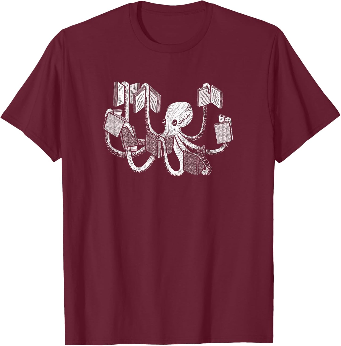 Animal Readers Armed With Knowledge - Book Loving Octopus Librarian Art T-Shirt - T-Shirt | Maroon